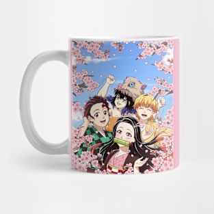 Nezuko, Tanjiro, Zenitsu and Inosuke under cherry blossom trees Mug